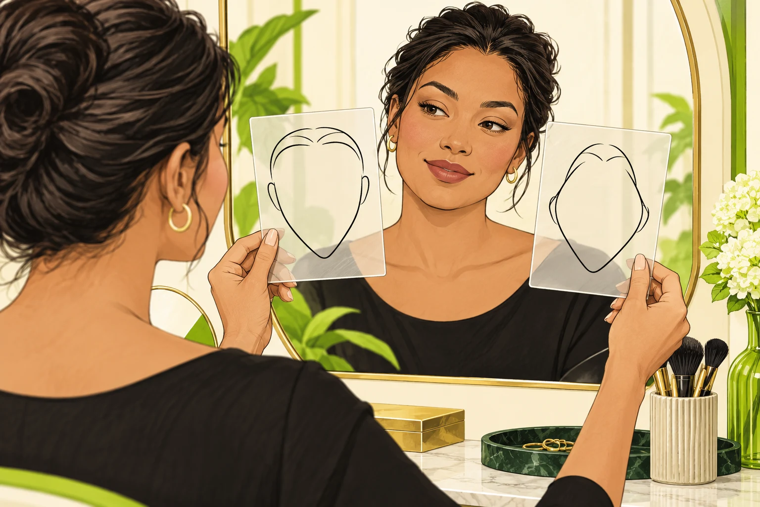 AI illustration of a person holding two different outline reference cards while looking in a mirror