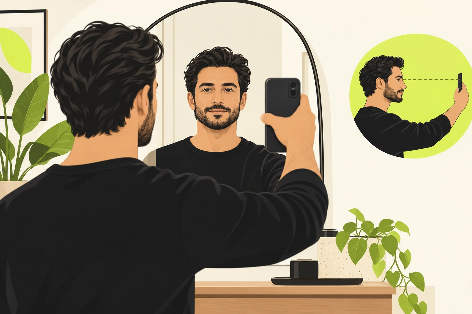 AI illustration showing a person preparing a straight-on photograph with a clear forehead and unobstructed face outline