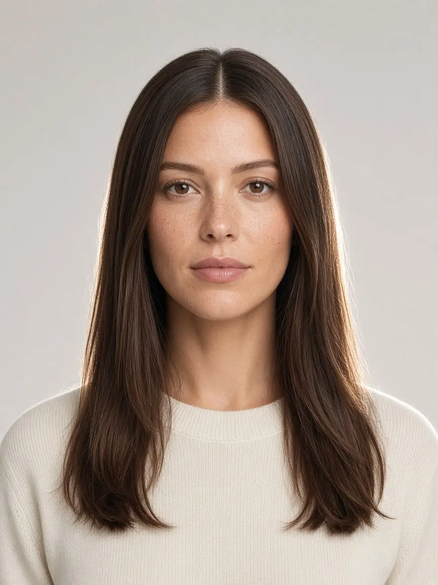 AI-generated model with long straight brown hair, before the new look